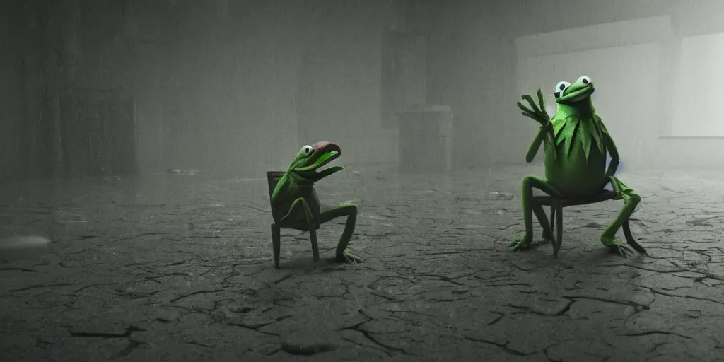 Prompt: kermit, horror, dark cinematic, volumetric, realistic, 3d render, Realistic Render, Cinematic lighting, Volumetric lighting, atmospheric, cinematic, unreal engine, unreal engine render, octane render, HD, photorealism, hyper realistic, photo, 8K, in the style of Chris Cunnigham, by Wes Anderson