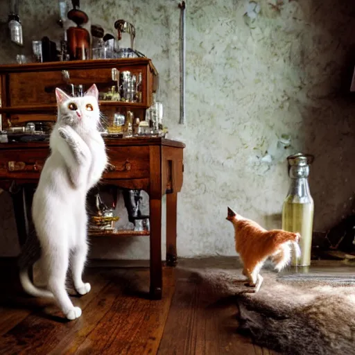 Image similar to a full body protrait beautifull witch with white hair in old room. A cristal ball on a wood table with a potions and old instruments. A cat on the floor licking his paw. photorealistic, profesional photo, by Steve McCurry