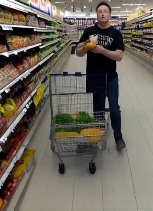 Prompt: Elon musk stealing chicken in a supermarket caught on a security camera