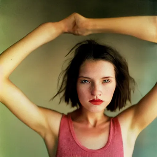 Prompt: razorfree beautiful young woman, short hair, tank top, arms raised above her head, cottagexore, portrait photography, portra 800