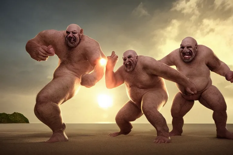 Image similar to photo, two old men!, two hairy fat ugly fight aliens 4 0 1 2 7 on a beach, highly detailed, scary, intricate details, volumetric lighting, front view