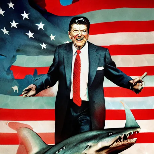 Prompt: ronald reagan riding shark, splash art, detailed face, photorealistic facial features, film still, cinematic lighting, dramatic, octane render, long lens, shallow depth of field, bokeh, anamorphic lens flare, hyper detailed, 3 5 mm film grain