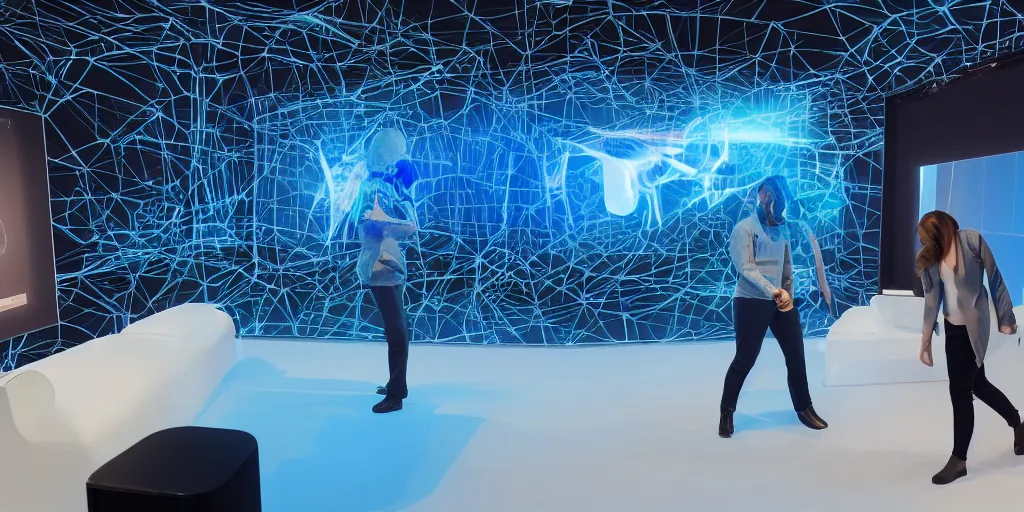 Image similar to stunning futuristic AI lab, projection screens, immersive graphics, holograms, dark room, people using HoloLens