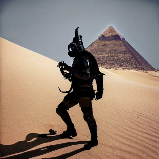 Prompt: a heavily armored man wearing a gasmask, walking over sand dunes, pyramid in background, as an album cover