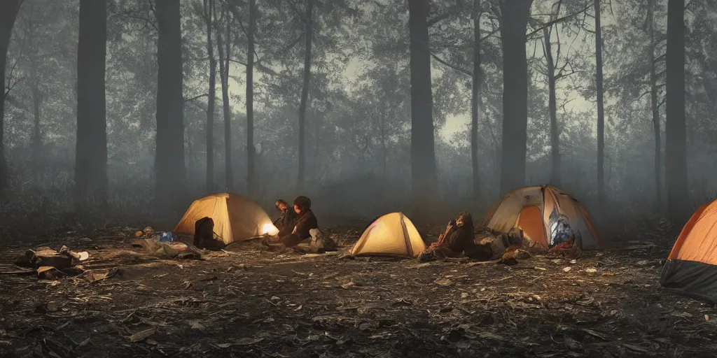 Image similar to two homeless men camping by an abandoned haunted asylum, a hobo barrel fire, elegant scene, low angle, wide angle, deep forest, wide angle, cinematic, ultrarealistic, trending on artstation, cgsociety, highly detailed, color graded, rendered in unreal engine 4 k hq, matte painting, by simon stalenhag and abandoned asylum in the woods