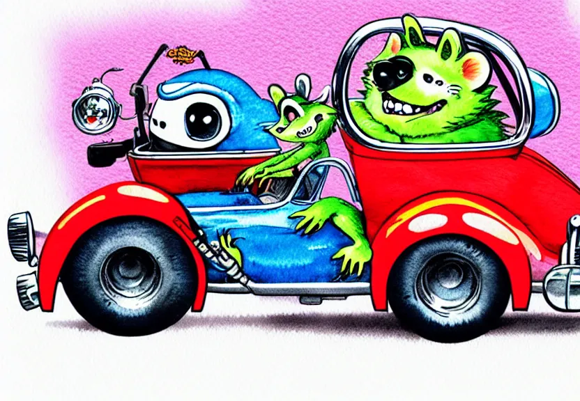 Image similar to cute and funny, racoon riding in a tiny hot rod coupe with oversized engine, ratfink style by ed roth, centered award winning watercolor pen illustration, isometric illustration by chihiro iwasaki, edited by range murata