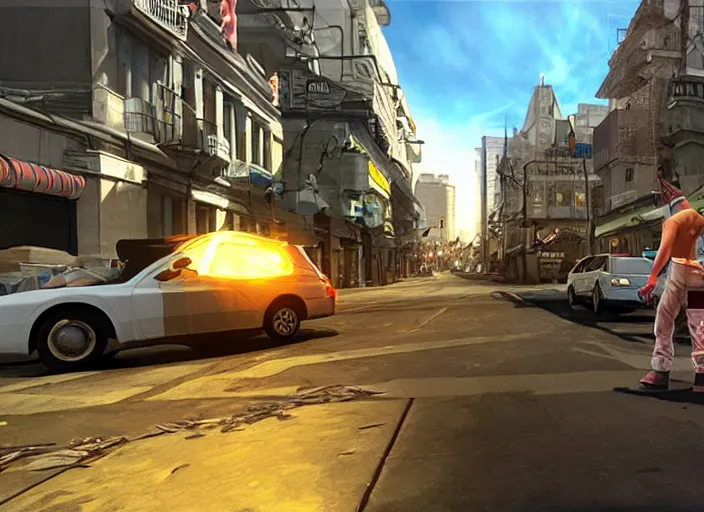 Prompt: street cleaning mmo game, video game screenshot, mmo hud, third person, hd graphics