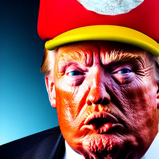 Image similar to uhd candid photo of hyperdetailed photorealistic donald trump dressed as super mario. correct face, cinematic lighting, photo by annie leibowitz, and steve mccurry.