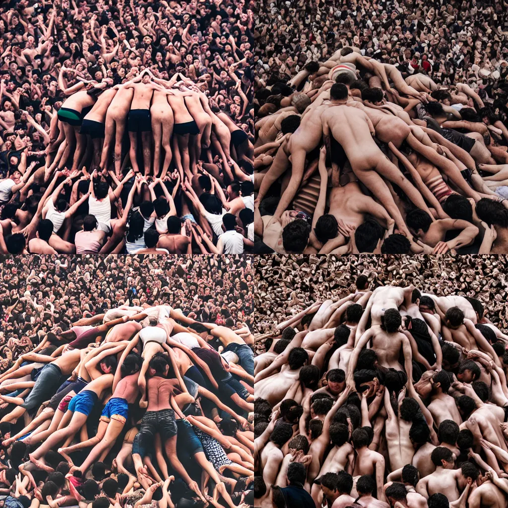 Prompt: a pile of humans one on top of each other. photography