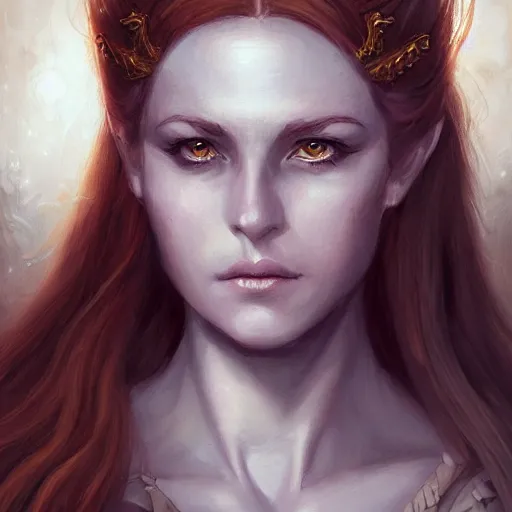 Image similar to a detailed matte head - on portrait painting of an middle - aged half - tiefling noblewoman with golden eyes and short well kept hair, by charlie bowater, lise deharme, wlop, tending on arstation, dungeons and dragon, dnd, pathfinder, fanart, oil on canvas