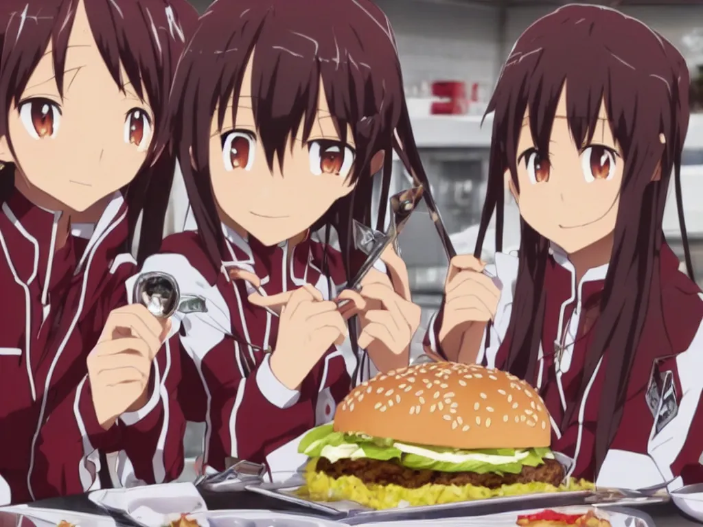 Prompt: yuuki konno from sword art online eating a big burger and being happy, High Definition detail, 8K, anime