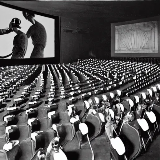 Image similar to full 1 9 5 0's movie theatre, audience all wearing vr headsets. image taken at front of theatre looking towards the crowd. dark only light coming from the screen. audience illuminated