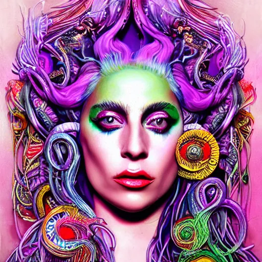 Image similar to an extremely psychedelic portrait of lady gaga as medusa, surreal, lsd, face, detailed, intricate, elegant, lithe, highly detailed, digital painting, artstation, concept art, smooth, sharp focus, illustration,