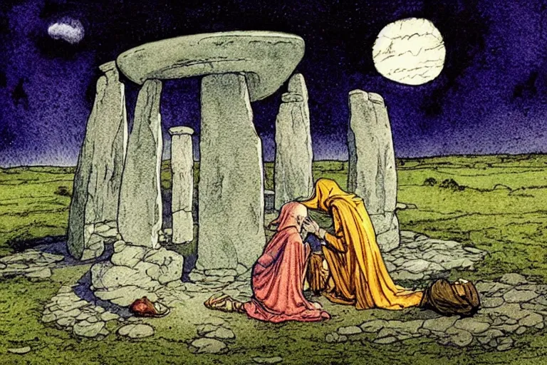 Image similar to a realistic and atmospheric watercolour fantasy concept art of a ufo landing in a floating stonehenge. one dirty medieval monk in grey robes is on his knees praying to the ufo. muted colors. by rebecca guay, michael kaluta, charles vess and jean moebius giraud