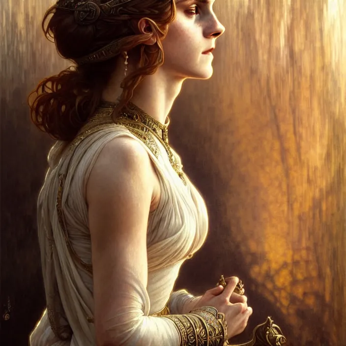 Image similar to ancient queen emma watson, diffuse lighting, fantasy, intricate, elegant, symetrical, highly detailed, lifelike, photorealistic, digital painting, artstation, illustration, concept art, smooth, sharp focus, art by john collier and albert aublet and krenz cushart and artem demura and alphonse mucha