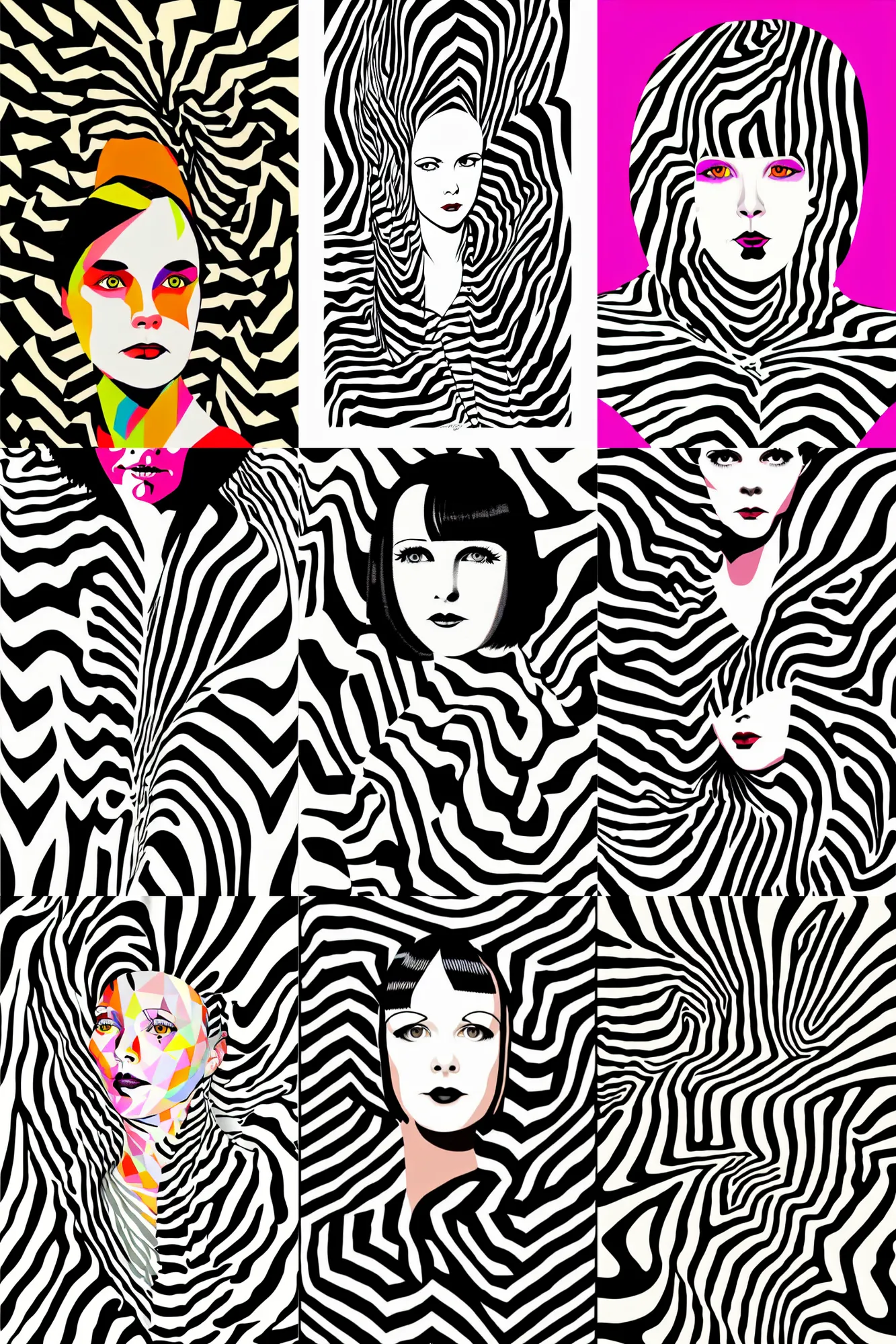 Prompt: vector portrait of 2 2 yeard old mary louise brooks, zebra op art, mcbess, bright colours