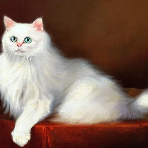 Prompt: a cute white ragdoll cat drinking afternoon tea elegantly, oil painting, by Rembrandt, 4k,