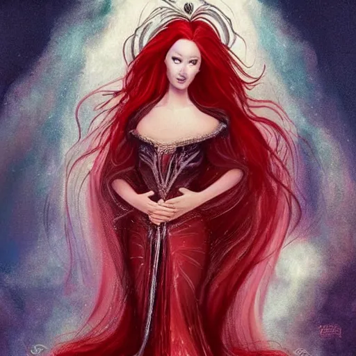 Image similar to Fantastic, fairytale, portrait, painting, beautiful!, female mage, long flowing red hair, light emitting from fingertips, ornate gown, smoldering, serious, royalty kingdom, royal court