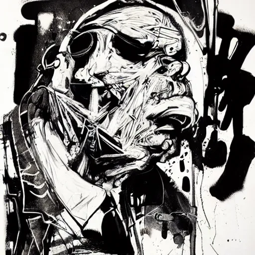 Image similar to Graphic Illustration, Creative Design, Skull, techwear, Cyberpunk, Portrait, Character Design, graffiti, by Ralph Steadman, Francis Bacon, Hunter S Thompson