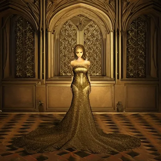 Image similar to an incredibly beautiful and elegant woman covered in intricate gold leaf detail in a gothic hotel room with soft indirect lighting, an ultrafine detailed illustration by victoria frances, final fantasy, cinematic colors, behance contest winner, unreal engine 5 highly rendered, global illumination, radiant light, detailed and intricate environment, matte painting, artstation