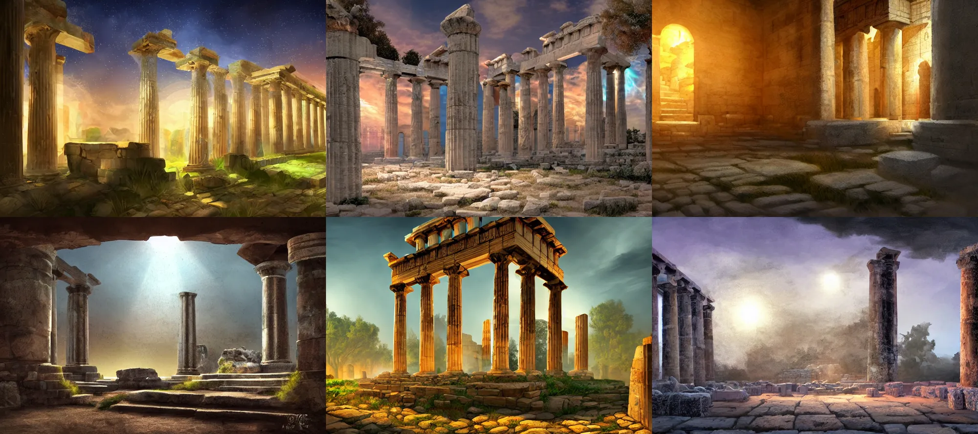 Prompt: closeup, inside ancient greek ruins, digital painting, concept art, colourful, at night, volumetric lighting