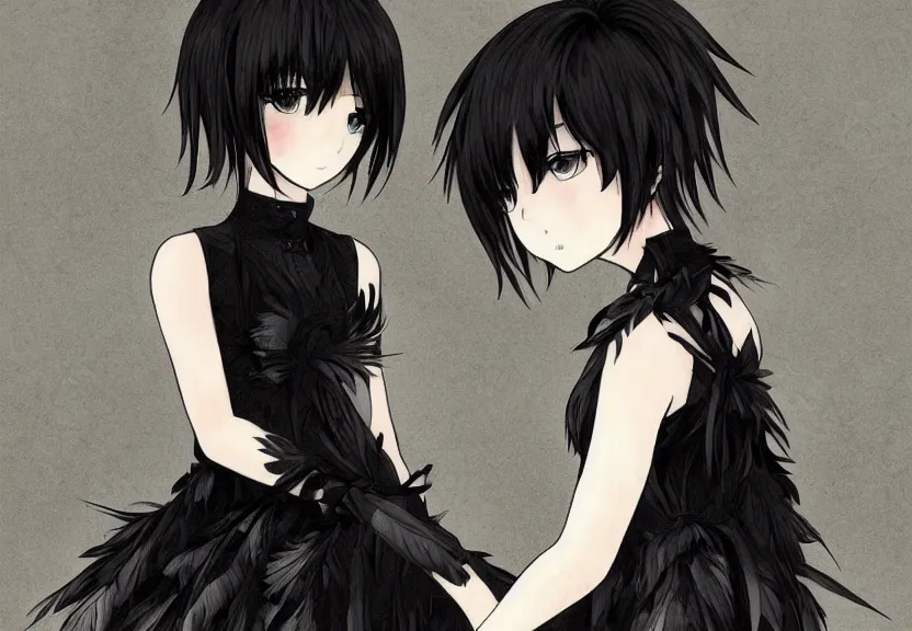 Image similar to little girl with a short black haircut wearing a dress made of black feathers, artwork in the anime style, realistic dark, anatomically perfect