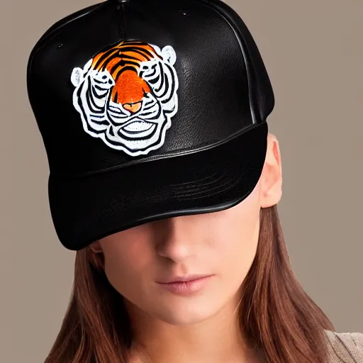 Image similar to leather patch hat tiger detail, realistic