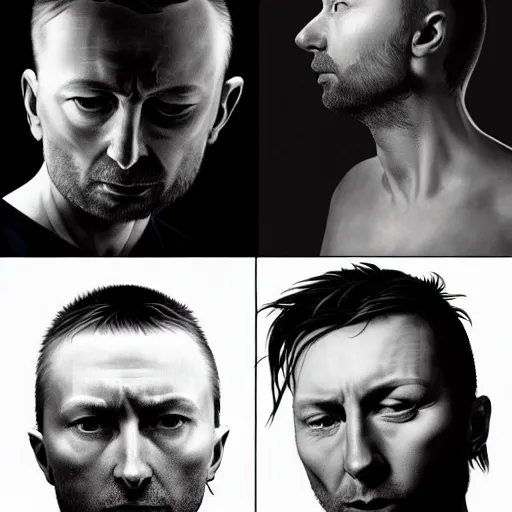 Prompt: hyper realistic portrait of cleanshaven thom yorke short haired variations singer songwriter ok computer, ( side ) profile, liminal space, by lee bermejo, alphonse mucha and greg rutkowski