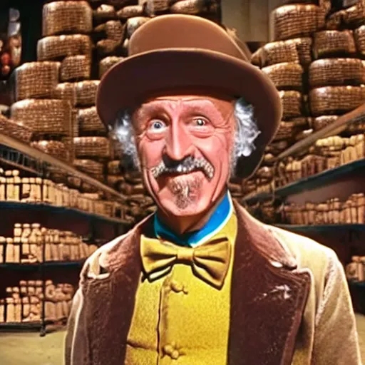 Prompt: a movie still of grandpa joe from willy wonka, posing in front of a lifetime supply of chocolate, dynamic lighting, 8 k, 2 0 2 2 picture of the year