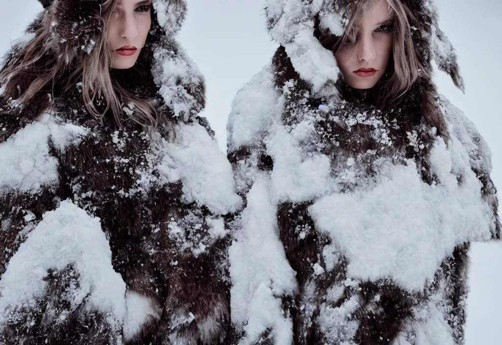 Image similar to fashion editorial in snow avalanche. highly detailed. depth of field. high definition. 8k. photography.