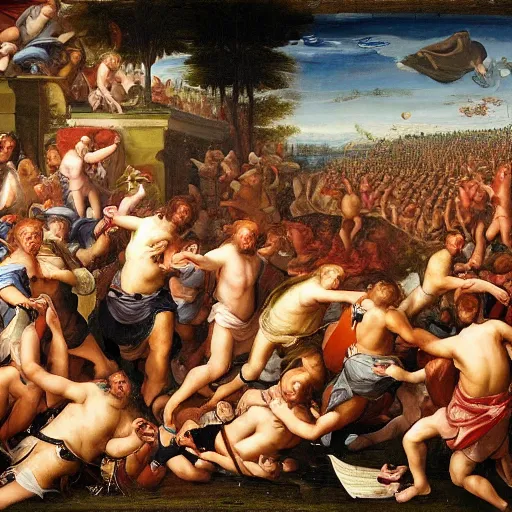 Prompt: an renaissance painting depicting a Moshpit at Wacken Open-air, masterpiece, historical, battle