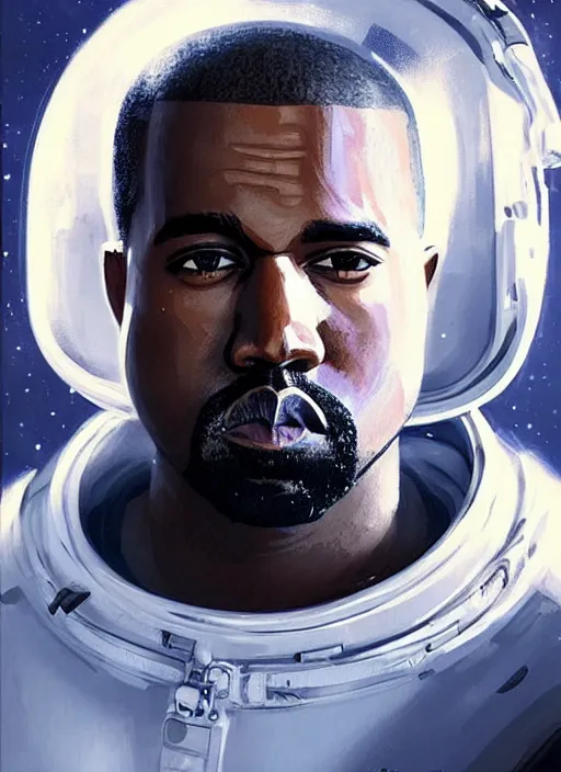 Prompt: pinted portrait of kanye west as an astronaut by greg rutkowski, he is about 3 0 years old, short blond hair, athletic and strong, straight jaw, wearing futuristic space gear, highly detailed portrait, digital painting, artstation, concept art, smooth, sharp foccus ilustration, artstation hq.