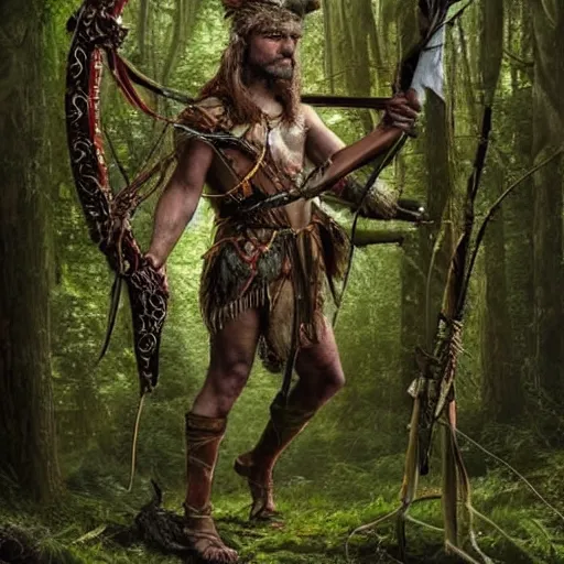Image similar to a ancient hunter creeping through woods filled with large trees and vines, holding a bow and arrow, wearing animal skin clothing, in the style of bordalo ii