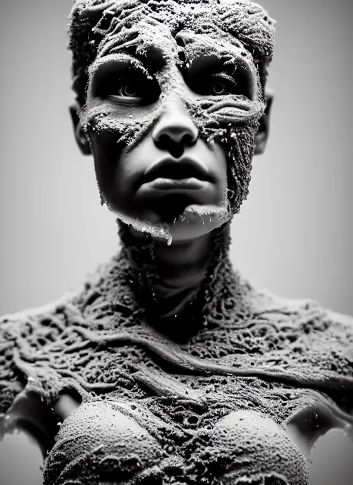 Prompt: a young female cyborg bust made of ice and fire and mud, dramatic, ilford hp 5, closeup - view, f / 2. 8, high contrast, 1 6 k, fluorescent lamp, contre - jour, insanely detailed and intricate, hypermaximalist, elegant, ornate, hyper realistic, super detailed