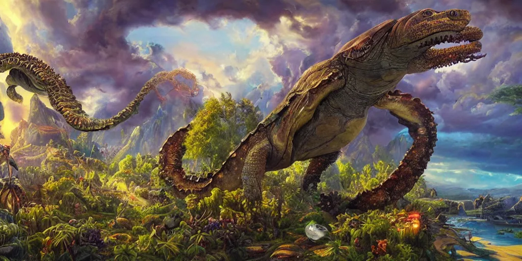 Image similar to fantasy oil painting, great leviathan, cybernetic turtle cephalopod terrapin reptilian pachyderm squid, bella hadid, hybrid, milla jovovich, anubis, epic natural light, lush plants flowers, spectacular mountains, bright clouds, luminous sky, outer worlds, golden hour, michael cheval, edward hopper, michael whelan, vray, hd