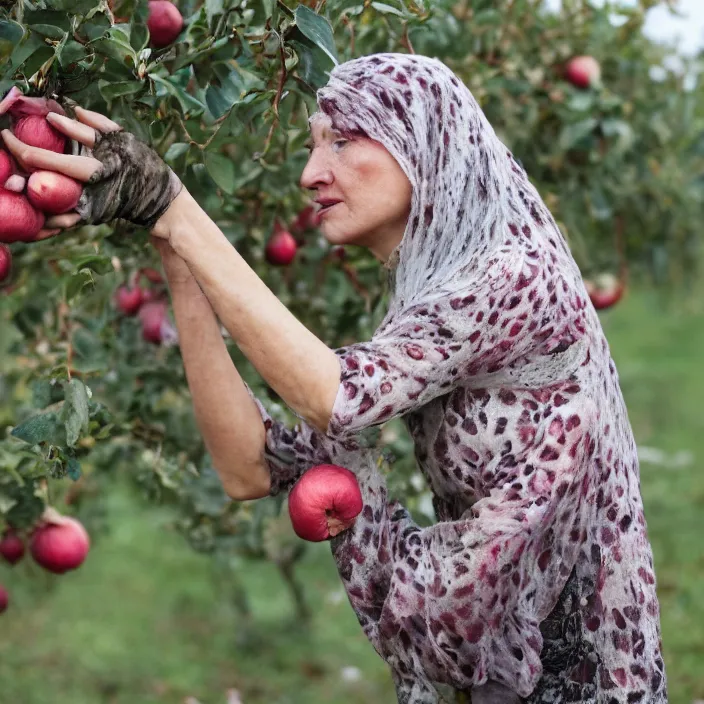 Image similar to a closeup portrait of a woman wearing hagfish slime, picking pomegranates from a tree in an orchard, foggy, moody, photograph, by vincent desiderio, canon eos c 3 0 0, ƒ 1. 8, 3 5 mm, 8 k, medium - format print