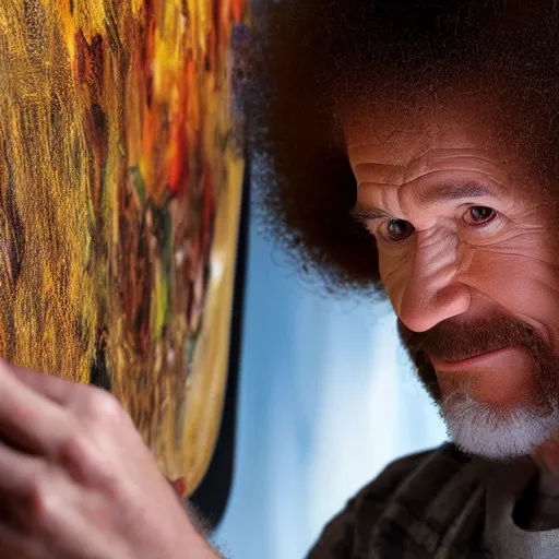 Prompt: a closeup photorealistic photograph of bob ross working on a canvas painting of iron man. film still. this 4 k hd image is trending on artstation, featured on behance, well - rendered, extra crisp, features intricate detail, epic composition and the style of unreal engine.