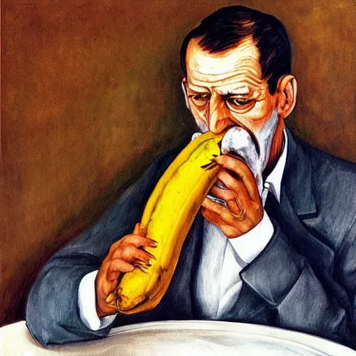 Image similar to “ painting of sigmund freud eating a peeled banana, freudian, by lucian freud ”