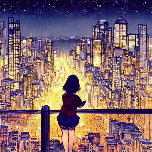 Image similar to Girl leaning on a wooden fence looking down at a city during the night, anime, by Katsuhiro Otomo, highly detailed, city, nighttime