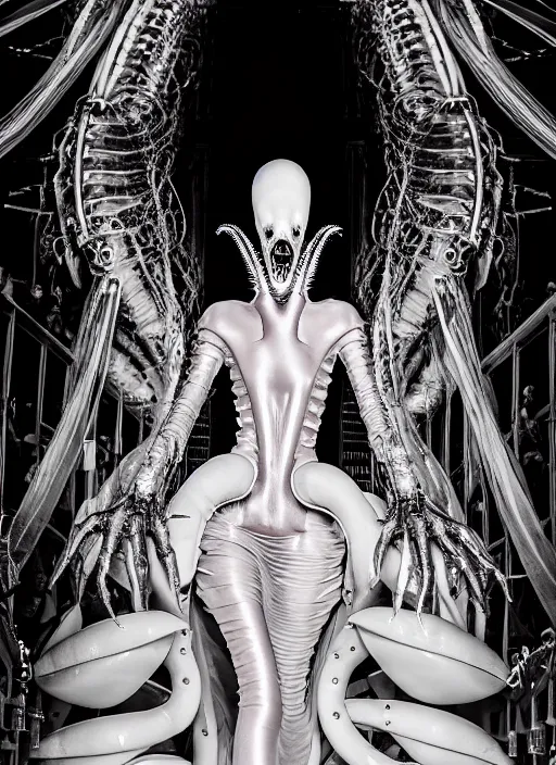 Prompt: walking down the catwalk, steven klein, h. r. giger, show, stage, vogue photo, podium, fashion show photo, historical baroque dress, iris van herpen, beautiful woman, full body shot, masterpiece, inflatable shapes, alien, predator, guyver, jellyfish, white biomechanical details, highly detailed