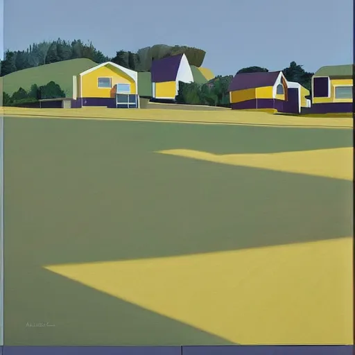 Image similar to dreaming futuristic rural landscape with modern houses, painted by Alex Katz and Edward Hopper, airbrush, highly detailed