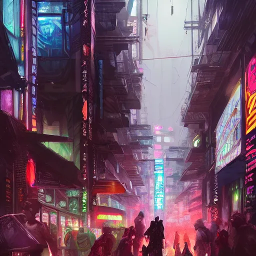 Image similar to overly crowded street of a cyberpunk city, rain, harsh neon lights, highly detailed, digital painting, trending on artstation, concept art, sharp focus, illustration, art by artgerm and greg rutkowski and magali villeneuve