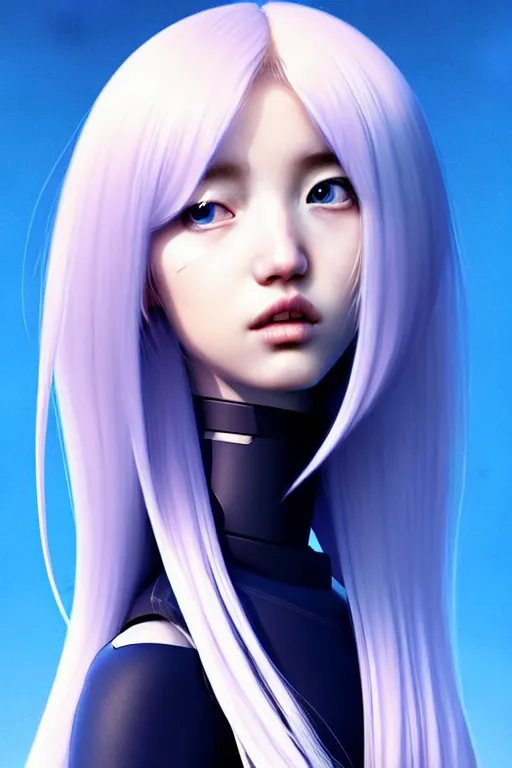 Image similar to perfect android girl family, full body character design, artgem, scifi, futuristic design, bae suzy, long white hair!!!, blue eyes, bold fashion and strong silhouettes, cinematic lighting, highly detailed, artstation, divine, by huifeng huang, beeple, goro fujita, smooth gradient.