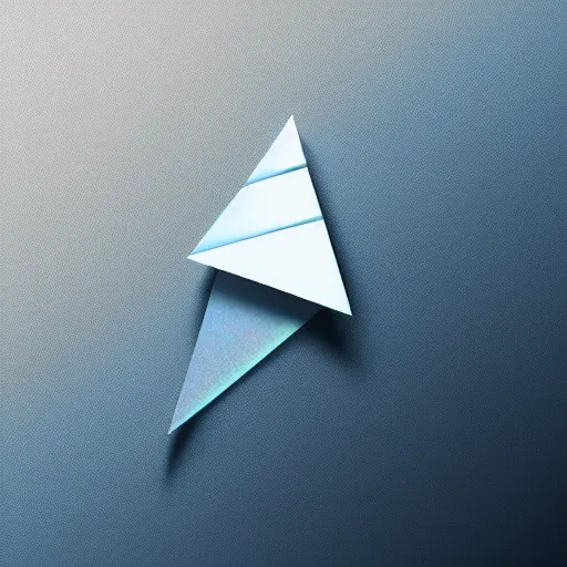 Image similar to icon of paper plane in light blue metallic iridescent material, 3D render isometric perspective on dark background