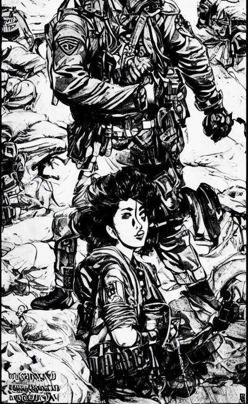 Image similar to manga style, black and white, intricate line art, portrait of a girl, trench and sandbags in background, soldier clothing, short hair, hair down, symmetrical facial features, norman rockwell, tom lovell, alex malveda, jack kirby, greg staples