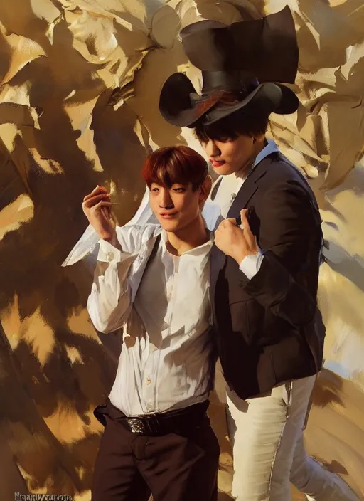 Prompt: jungkook and taehyung of bts getting married in las vegas, jodhpurs hyperborea winter traveler treasure hunter greg manchess painting by sargent and leyendecker, fantasy, medium shot, matte painting, illustration, hearthstone, by rhads, by greg rutkowski, by greg tocchini, by james gilleard, by joe fenton