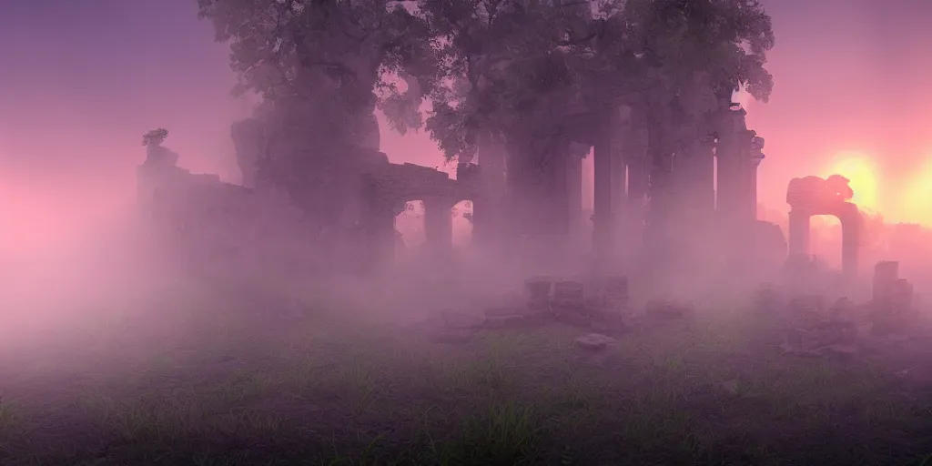 Image similar to mystical ruins, volumetric lighting, sunrise, vivid, fog, digital art