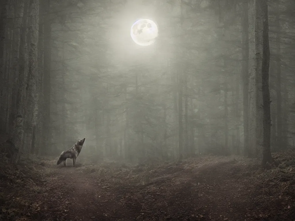 Image similar to a large wolf walking on a dark path through the forest at night under a full moon, 4 k, photorealistic, matte painting,