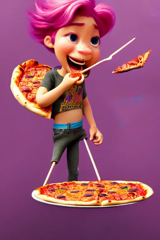 Image similar to pixar man with pink hair eating pizza | glamorous oily soft polished rich ornate modern | weta disney pixar movie still photo | hi - fructose, sci fi fantasy, smooth, octane render, sharp focus, artstation, concept art | artgerm, mucha, rutkowski, feng zhu, wlop, loish