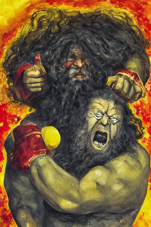 Image similar to surreal a hulking herculean hagrid in a post apocalyptic hellscape, esoteric symbolism, intense emotional power, red yellow black, palette knife oil painting by peter booth and william blake